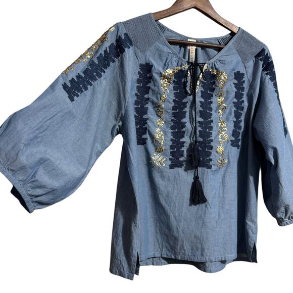 Raga Anthro Paityn Boho Chambray Tunic with emboidery and beaded sequins  large - Picture 5 of 8